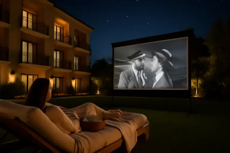 Proiezioni cinematografiche all’aperto in hotel: goditi il grande schermo sotto le stelle a due passi dal letto